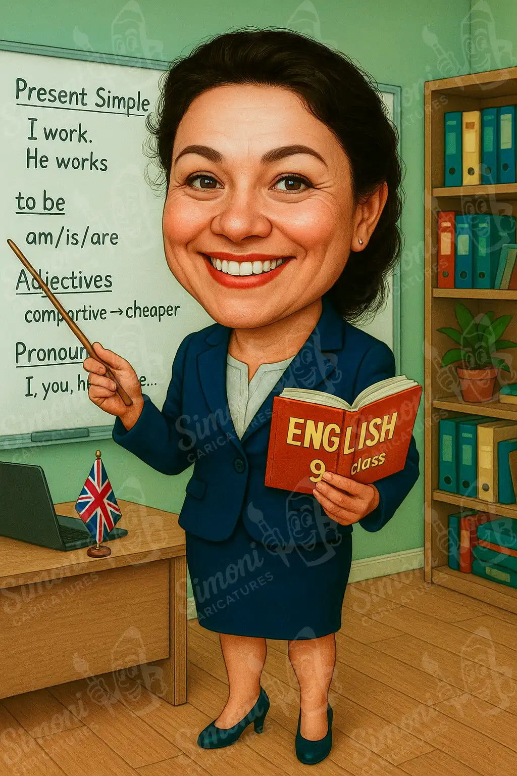 Карикатура на учителка по английски език с учебник и бяла дъска, тематичен портрет, персонализиран подарък Simoni Caricatures.